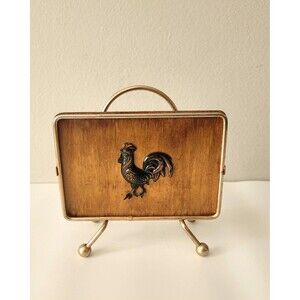 Vintage MCM Teak Wood and Brass Napkin Holder with Copper Rooster
